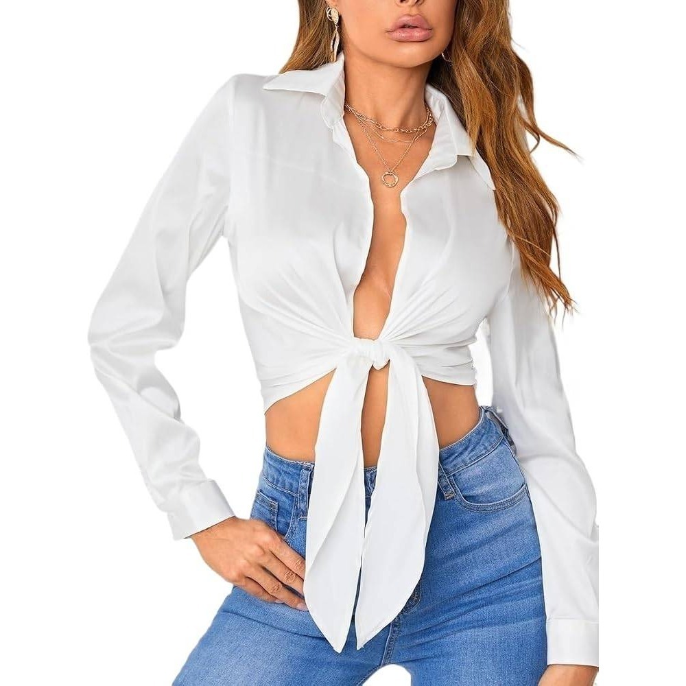 Top Chic White Satin Tie Front Crop Top Long Sleeve Pearl Button Cuff (121)